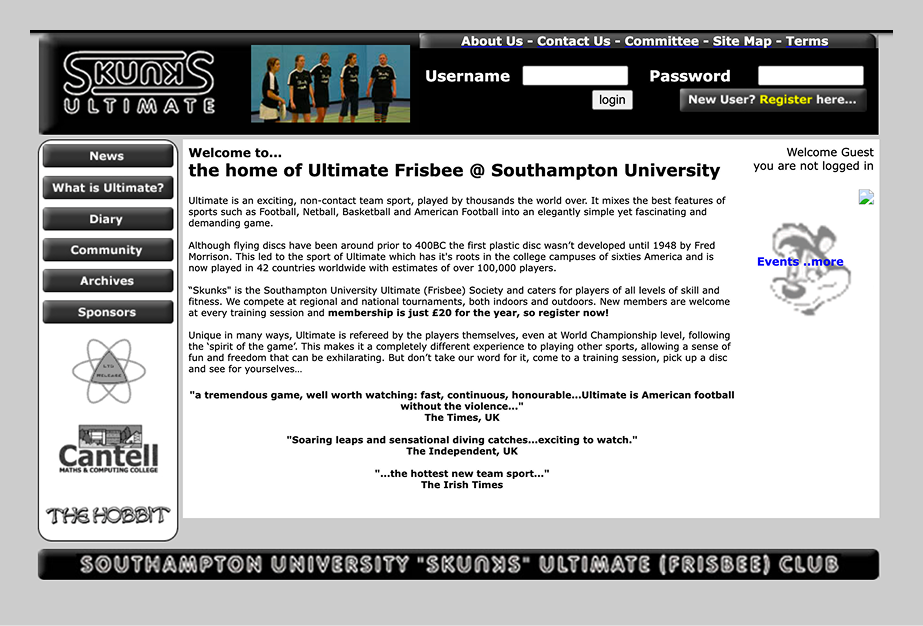 First website designed during computer science degree in 2005 for Southampton University Ultimate Frisbee team
